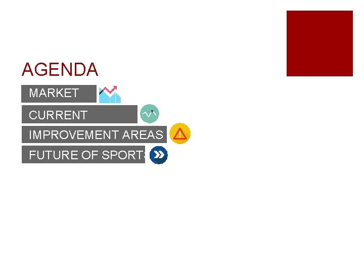 AGENDA MARKET CURRENT TRENDS IMPROVEMENT AREAS FUTURE OF SPORTS 