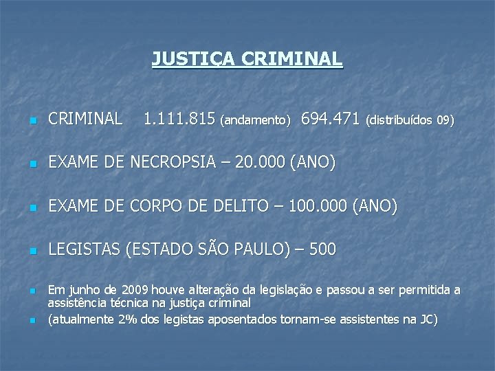 JUSTIÇA CRIMINAL n CRIMINAL 1. 111. 815 (andamento) 694. 471 (distribuídos 09) n EXAME