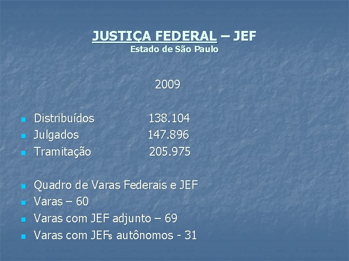 JUSTIÇA FEDERAL – JEF Estado de São Paulo 2009 n n n n Distribuídos