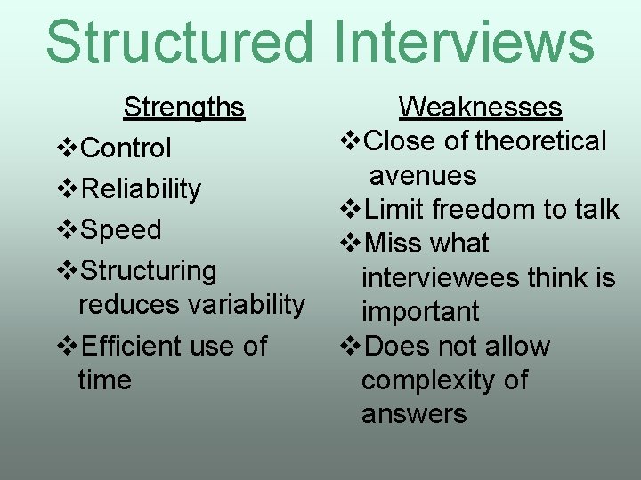 Structured Interviews Strengths v. Control v. Reliability v. Speed v. Structuring reduces variability v.