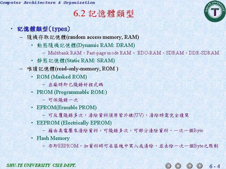 Computer Architecture & Organization 6. 2 記憶體類型 • 記憶體類型(types) – 隨機存取記憶體(random access memory, RAM)