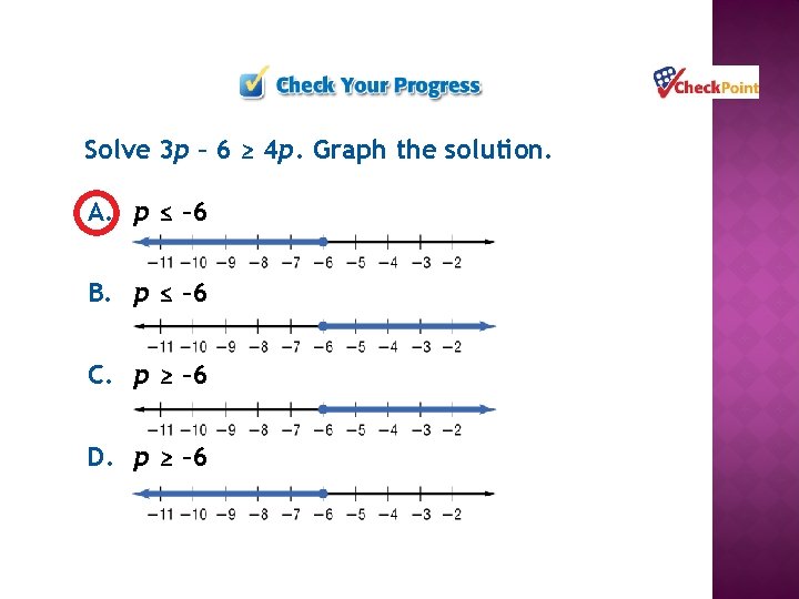 Solve 3 p – 6 ≥ 4 p. Graph the solution. A. p ≤
