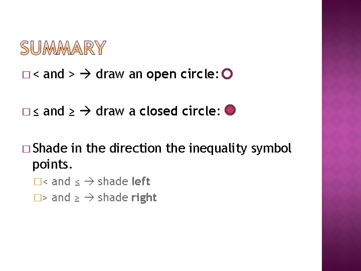 �< and > draw an open circle: �≤ and ≥ draw a closed circle: