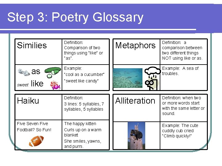 Step 3: Poetry Glossary Similies Definition: Comparison of two things using “like” or “as”.