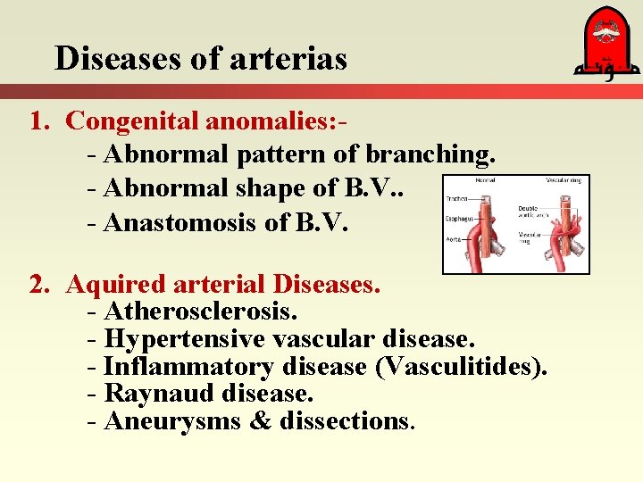 Diseases of arterias 1. Congenital anomalies: - Abnormal pattern of branching. - Abnormal shape