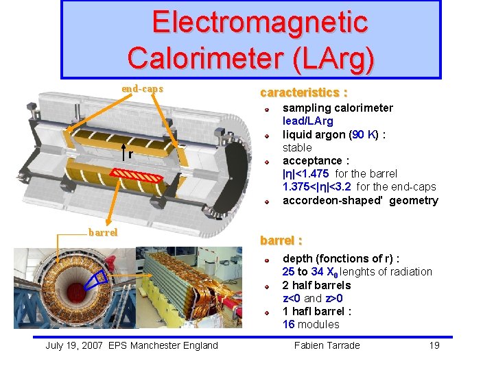 Electromagnetic Calorimeter (LArg) end-caps r barrel caracteristics : sampling calorimeter lead/LArg liquid argon (90