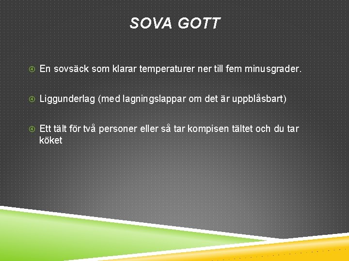 SOVA GOTT En sovsäck som klarar temperaturer ner till fem minusgrader. Liggunderlag (med lagningslappar