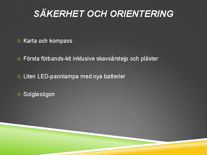 SÄKERHET OCH ORIENTERING Karta och kompass Första förbands-kit inklusive skavsårstejp och plåster Liten LED-pannlampa