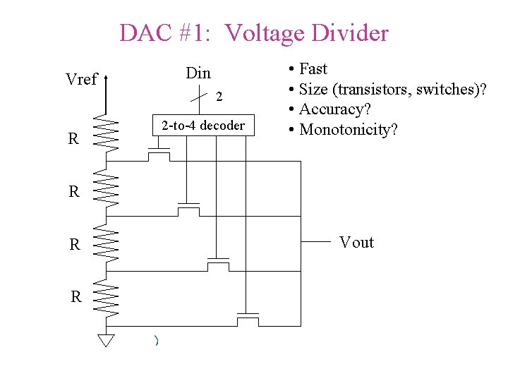 DAC #1: Voltage Divider Vref R Din 2 2 -to-4 decoder • Fast • DAC #1: Voltage Divider Vref R Din 2 2 -to-4 decoder • Fast •