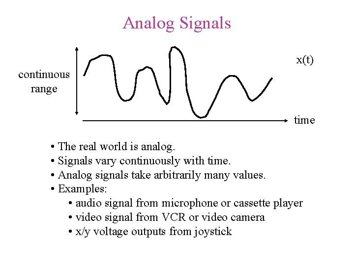 Analog Signals x(t) continuous range time • The real world is analog. • Signals Analog Signals x(t) continuous range time • The real world is analog. • Signals