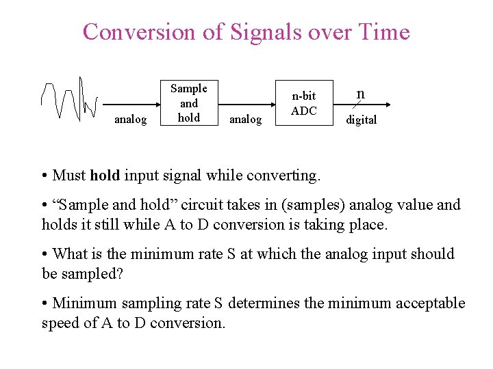 Conversion of Signals over Time analog Sample and hold analog n-bit ADC n digital Conversion of Signals over Time analog Sample and hold analog n-bit ADC n digital