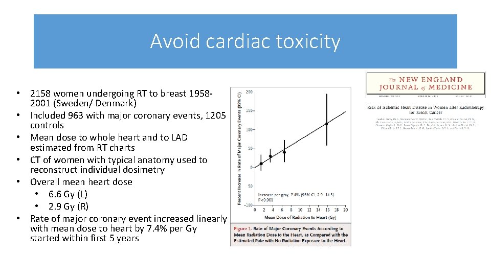Avoid cardiac toxicity • 2158 women undergoing RT to breast 19582001 (Sweden/ Denmark) •