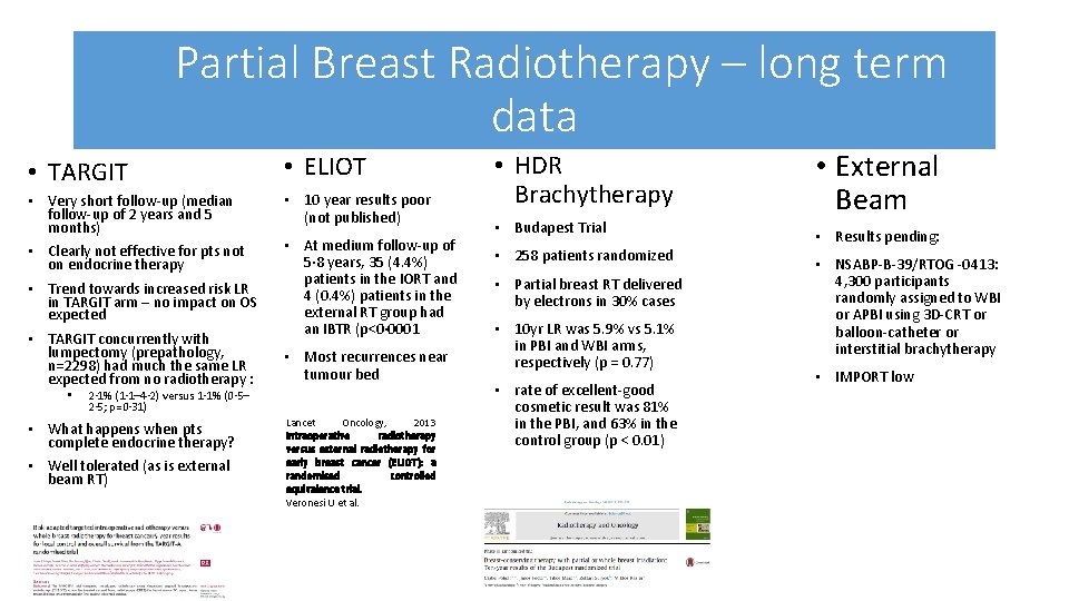 Partial Breast Radiotherapy – long term data • TARGIT • ELIOT • Very short