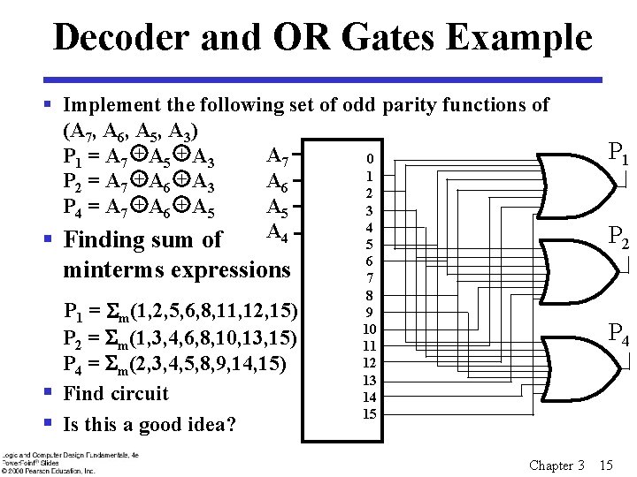 Decoder and OR Gates Example § Implement the following set of odd parity functions