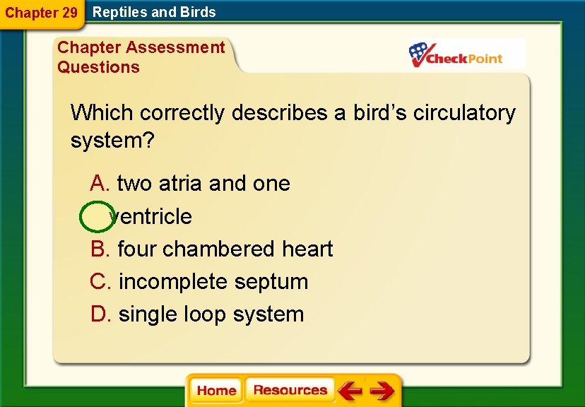 Chapter 29 Reptiles and Birds Chapter Assessment Questions Which correctly describes a bird’s circulatory