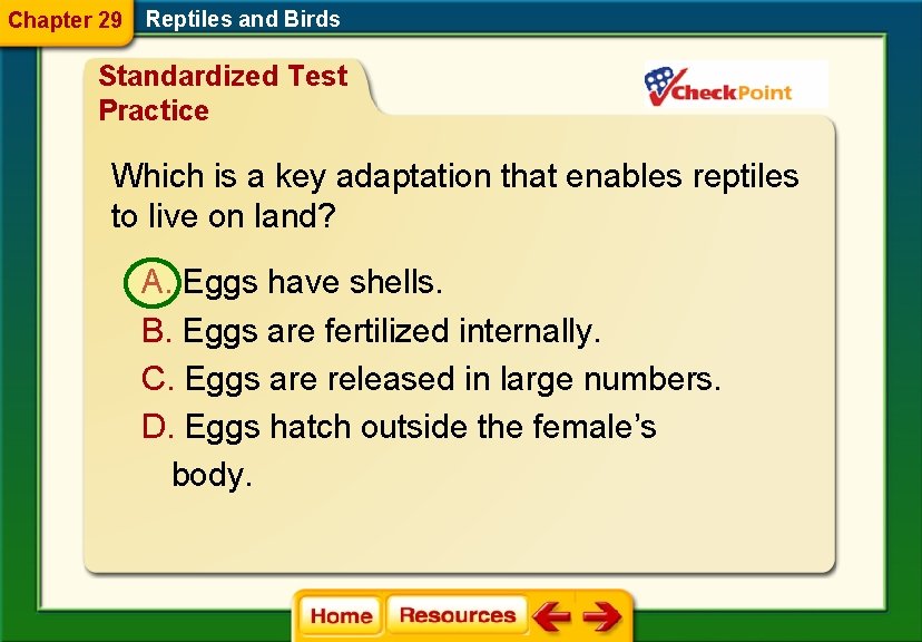 Chapter 29 Reptiles and Birds Standardized Test Practice Which is a key adaptation that