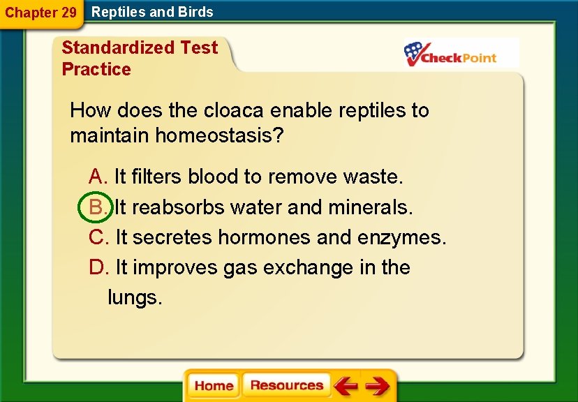 Chapter 29 Reptiles and Birds Standardized Test Practice How does the cloaca enable reptiles