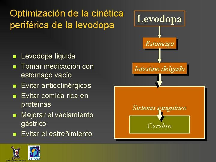 Optimización de la cinética periférica de la levodopa Levodopa Estomago n n n Levodopa