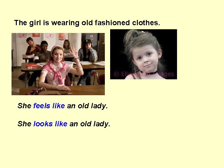 The girl is wearing old fashioned clothes. She feels like an old lady. She The girl is wearing old fashioned clothes. She feels like an old lady. She