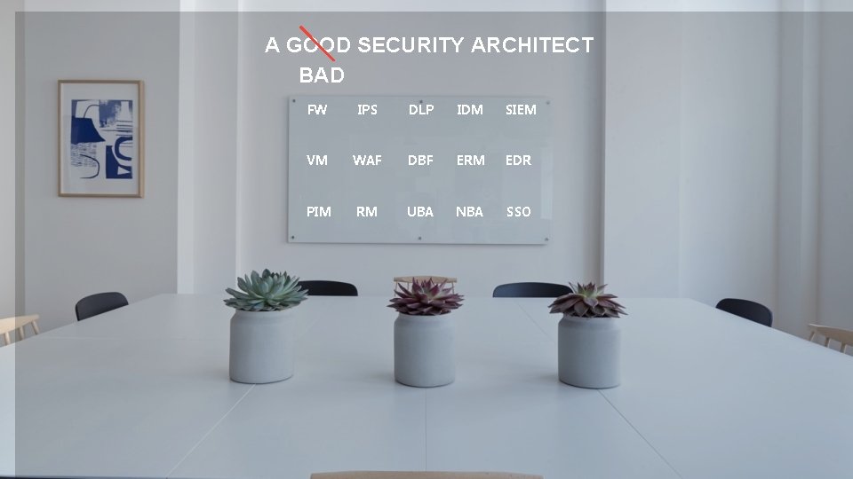 A GOOD SECURITY ARCHITECT BAD FW IPS DLP IDM SIEM VM WAF DBF ERM