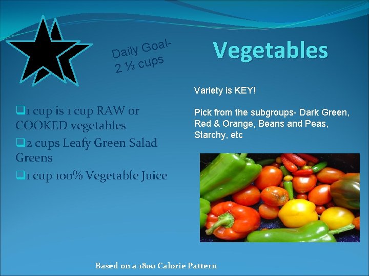 alo G y l Dai ups c ½ 2 Vegetables Variety is KEY! q