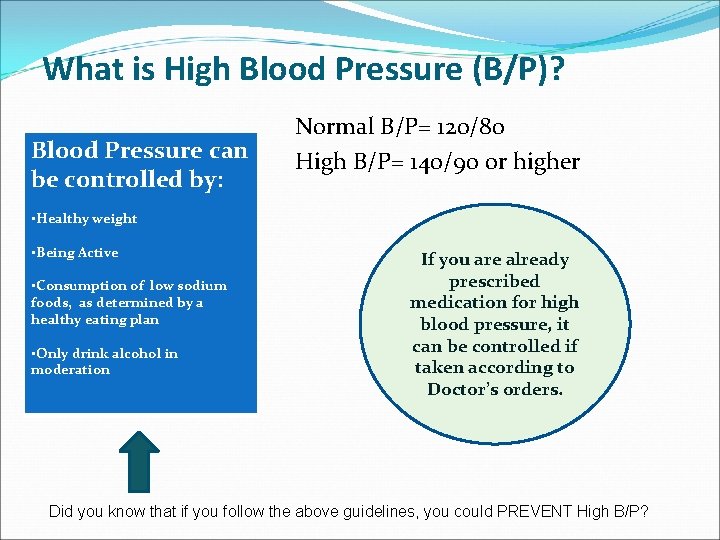 What is High Blood Pressure (B/P)? Blood Pressure can be controlled by: Normal B/P=