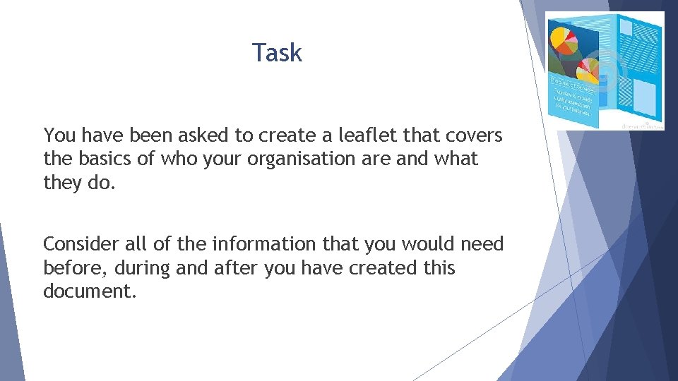 Task You have been asked to create a leaflet that covers the basics of