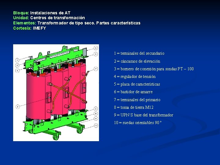 Bloque: Instalaciones de AT Unidad: Centros de transformación Elementos: Transformador de tipo seco. Partes