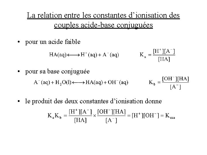 La relation entre les constantes d’ionisation des couples acide-base conjuguées • pour un acide