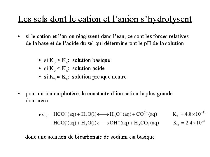 Les sels dont le cation et l’anion s’hydrolysent • si le cation et l’anion