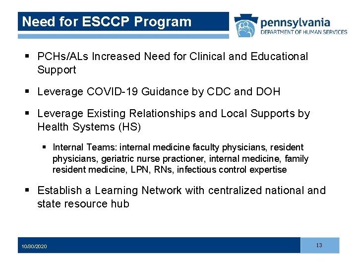 Need for ESCCP Program § PCHs/ALs Increased Need for Clinical and Educational Support §