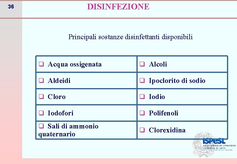 DISINFEZIONE 36 Principali sostanze disinfettanti disponibili q Acqua ossigenata q Alcoli q Aldeidi q