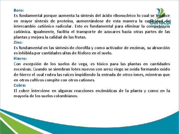 Boro: Es fundamental porque aumenta la síntesis del ácido ribonucleico lo cual se traduce