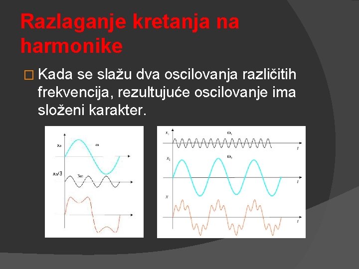 Razlaganje kretanja na harmonike � Kada se slažu dva oscilovanja različitih frekvencija, rezultujuće oscilovanje