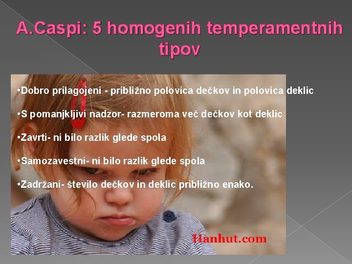 A. Caspi: 5 homogenih temperamentnih tipov • Dobro prilagojeni - približno polovica dečkov in