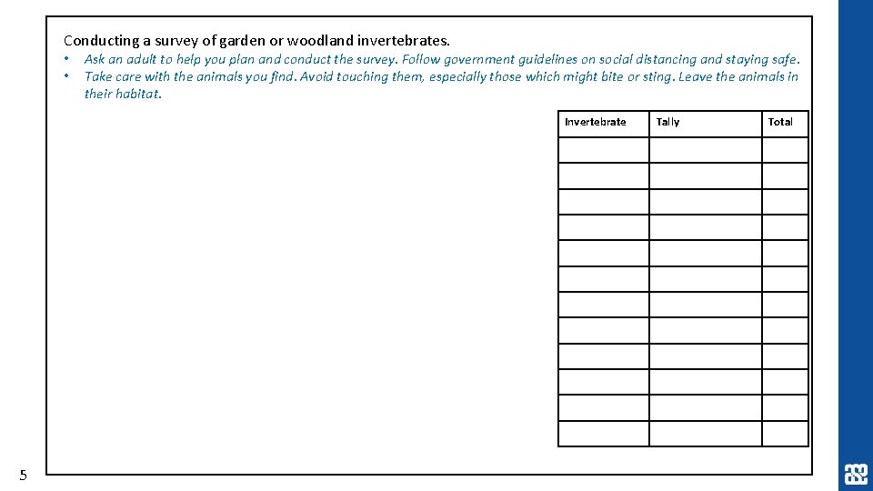 Conducting a survey of garden or woodland invertebrates. • • Ask an adult to