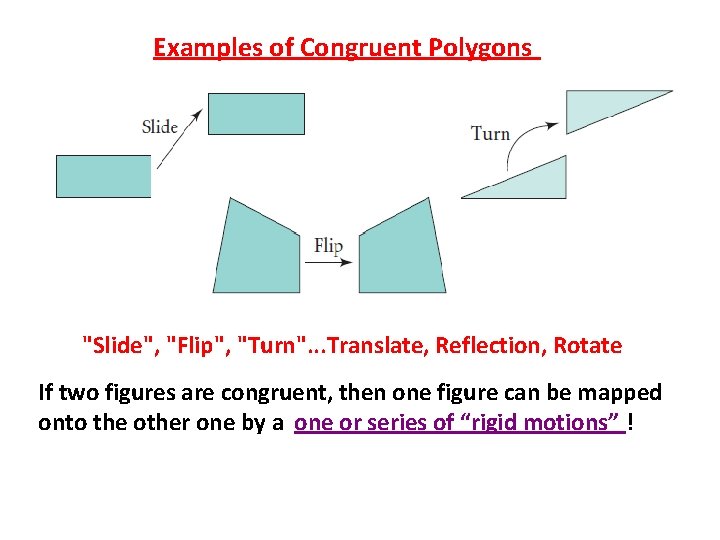 Examples of Congruent Polygons "Slide", "Flip", "Turn". . . Translate, Reflection, Rotate If two
