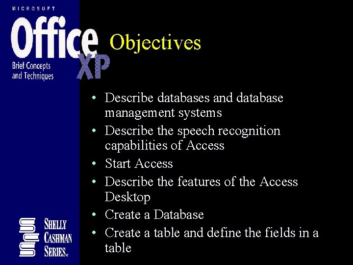 Objectives • Describe databases and database management systems • Describe the speech recognition capabilities Objectives • Describe databases and database management systems • Describe the speech recognition capabilities