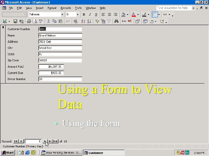 Using a Form to View Data • Using the Form Using a Form to View Data • Using the Form