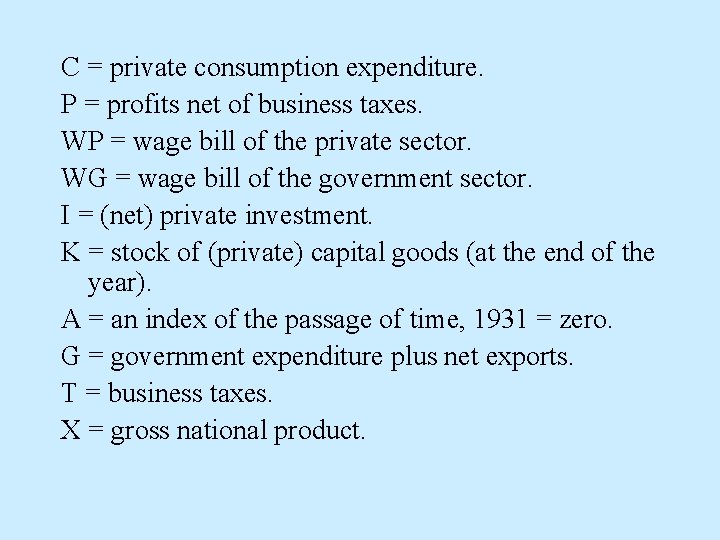 C = private consumption expenditure. P = profits net of business taxes. WP =