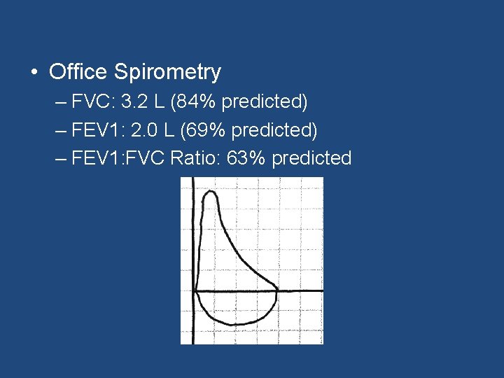  • Office Spirometry – FVC: 3. 2 L (84% predicted) – FEV 1: