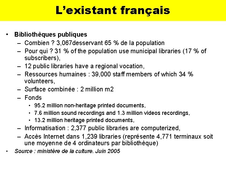 L’existant français • Bibliothèques publiques – Combien ? 3, 067 desservant 65 % de