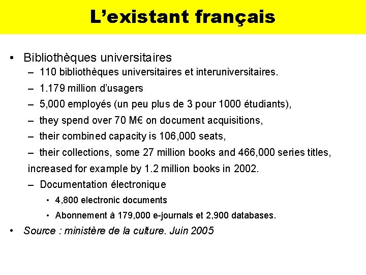 L’existant français • Bibliothèques universitaires – 110 bibliothèques universitaires et interuniversitaires. – 1. 179
