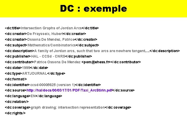 DC : exemple <dc: title>Intersection Graphs of Jordan Arcs</dc: title> <dc: creator>De Fraysseix, Hubert</dc: