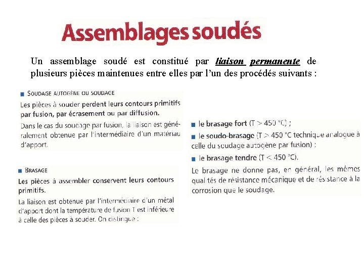 Un assemblage soudé est constitué par liaison permanente de plusieurs pièces maintenues entre elles