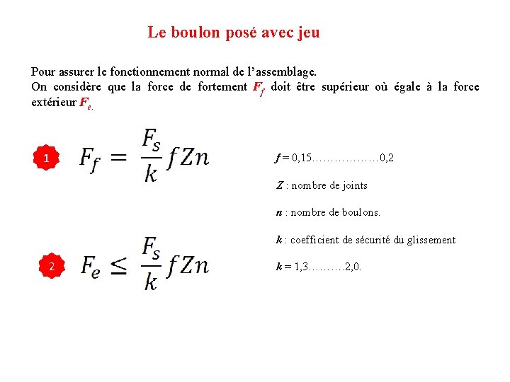 Le boulon posé avec jeu Pour assurer le fonctionnement normal de l’assemblage. On considère