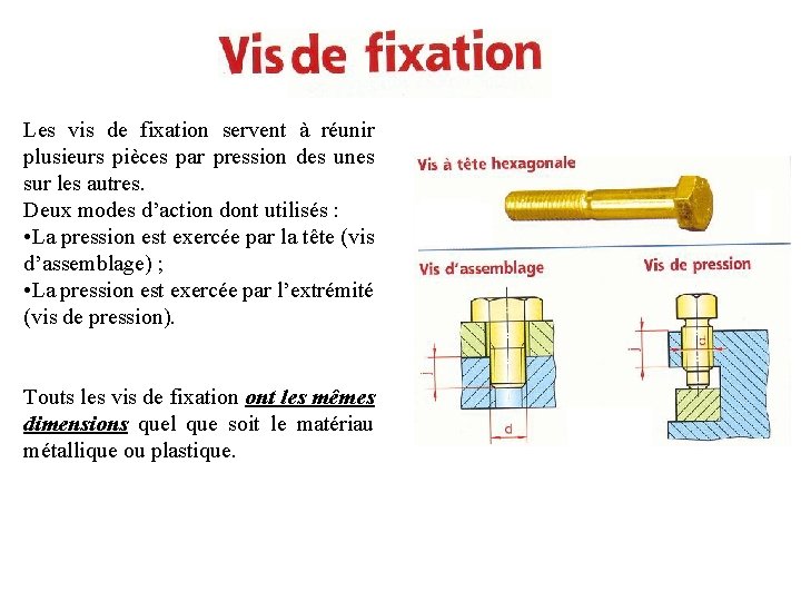 Les vis de fixation servent à réunir plusieurs pièces par pression des unes sur