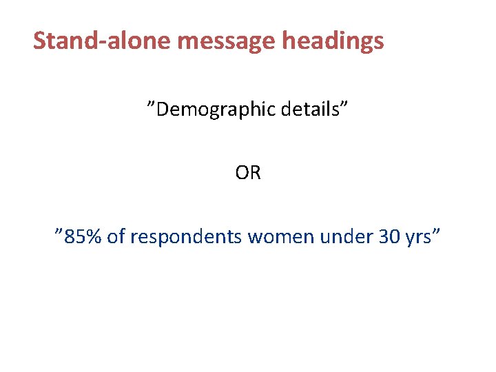 Stand-alone message headings ”Demographic details” OR ” 85% of respondents women under 30 yrs”