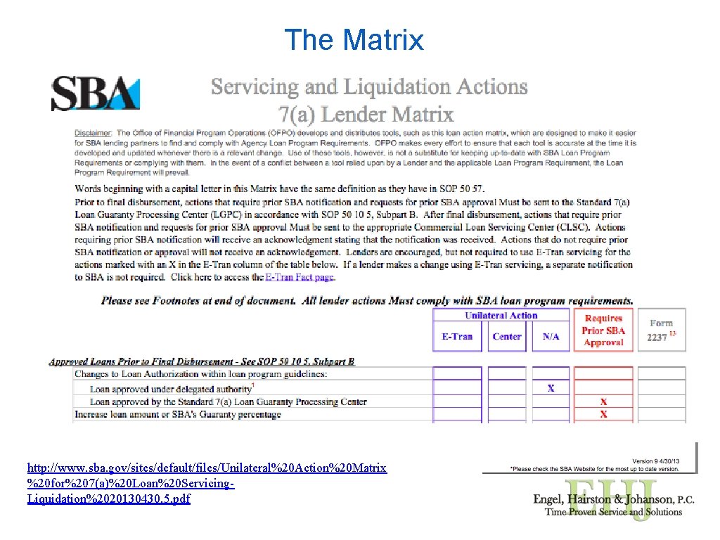 The Matrix http: //www. sba. gov/sites/default/files/Unilateral%20 Action%20 Matrix %20 for%207(a)%20 Loan%20 Servicing. Liquidation%2020130430. 5.