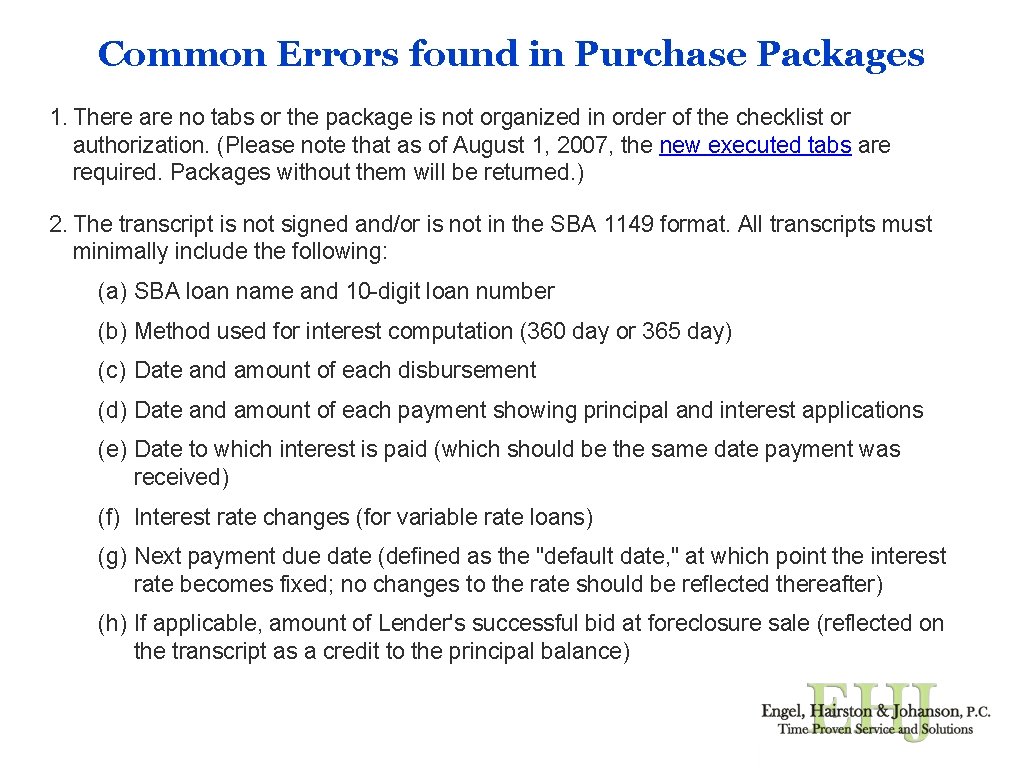 Common Errors found in Purchase Packages 1. There are no tabs or the package